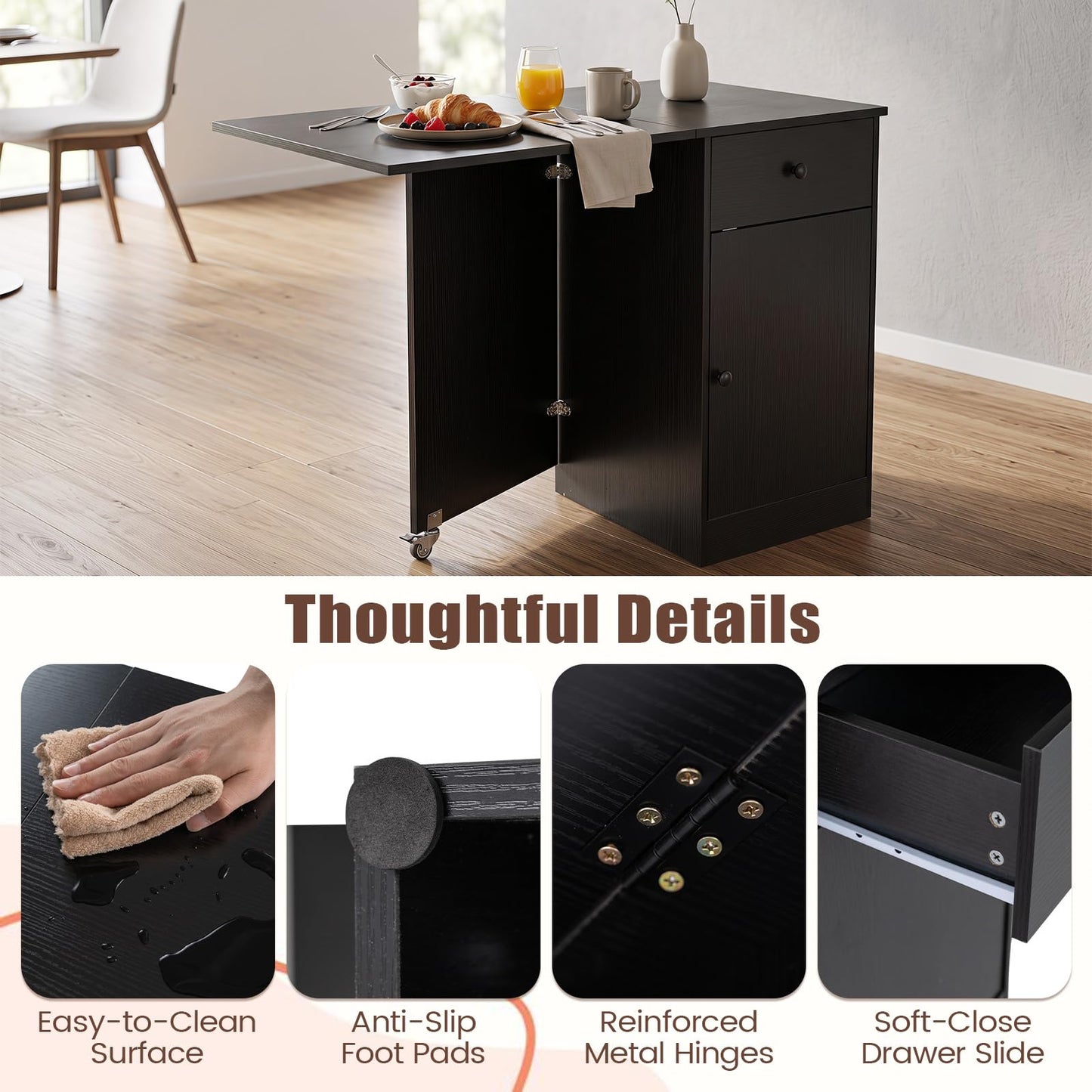 Folding Dining Table for 4-6 with Drawer & Cabinet on Wheel