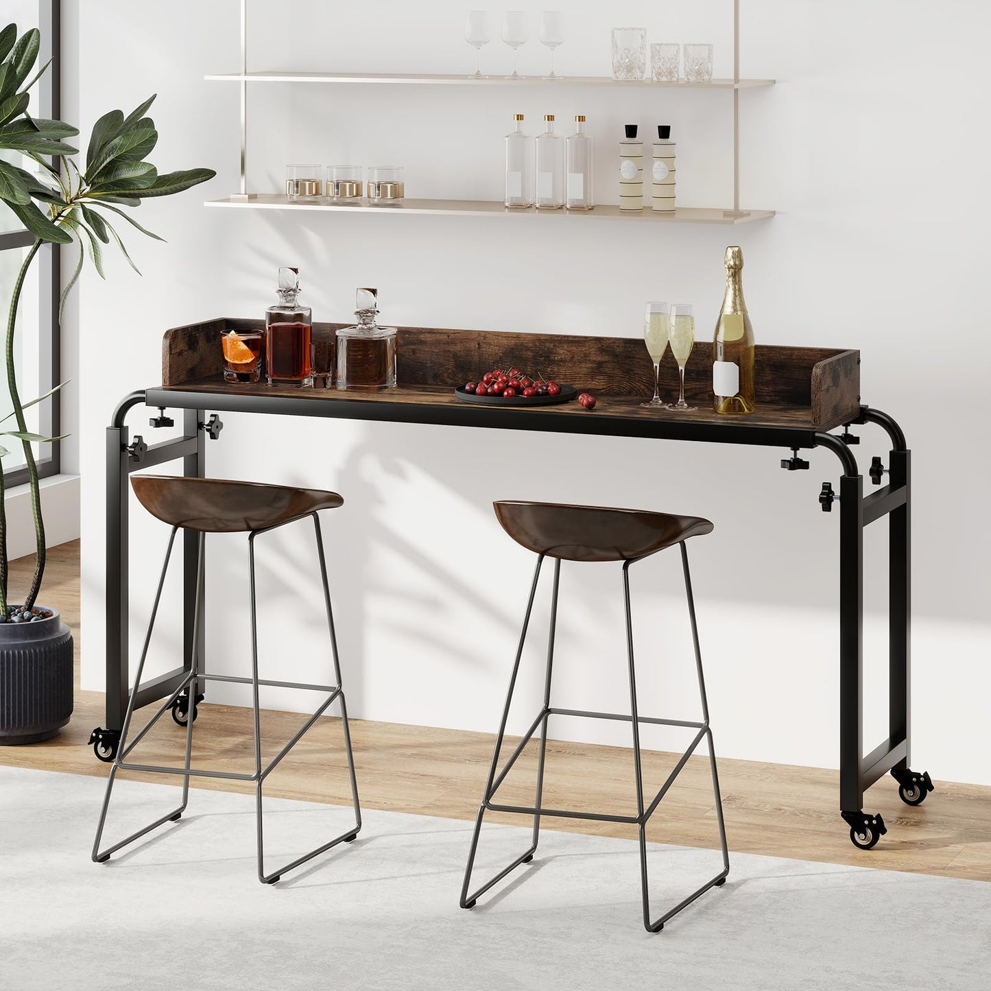 Overbed Table with Wheels, 136-206cm Mobile Over The Bed Table with Anti-Fall Barrier