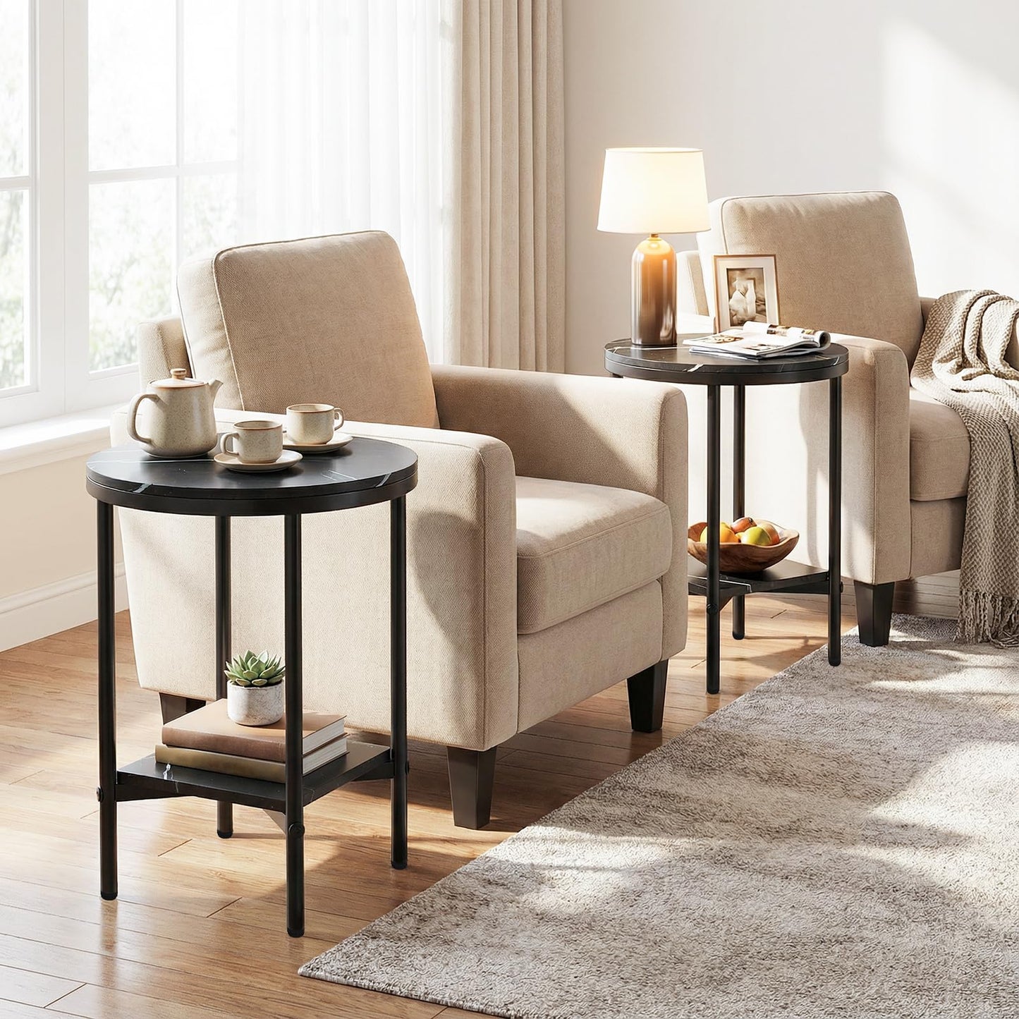 Round Side Table, 2-Tier Faux Marble Nightstand Sofa End Table
