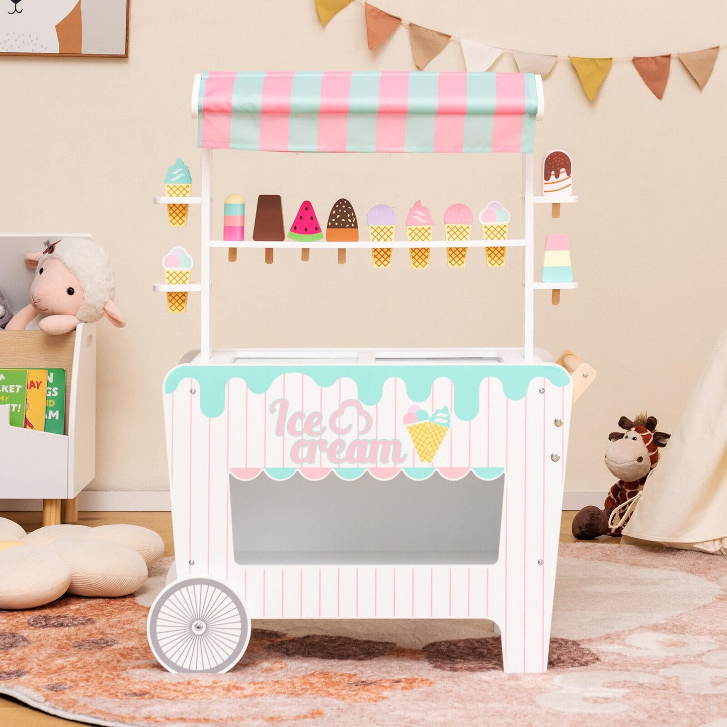 Ice Cream and Food Trunk Toy with 2 Large Wheels for Kids