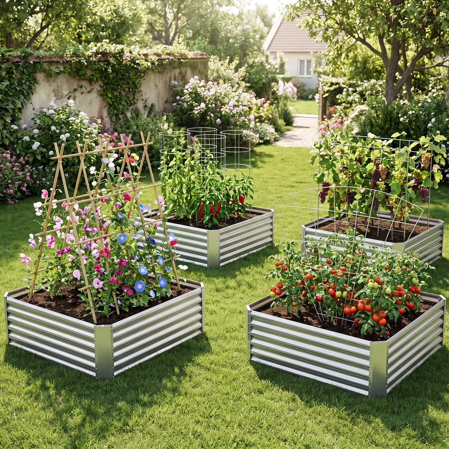 Galvanized Raised Garden Bed Rectangular Outdoor Planter Box with Open-Ended Bade