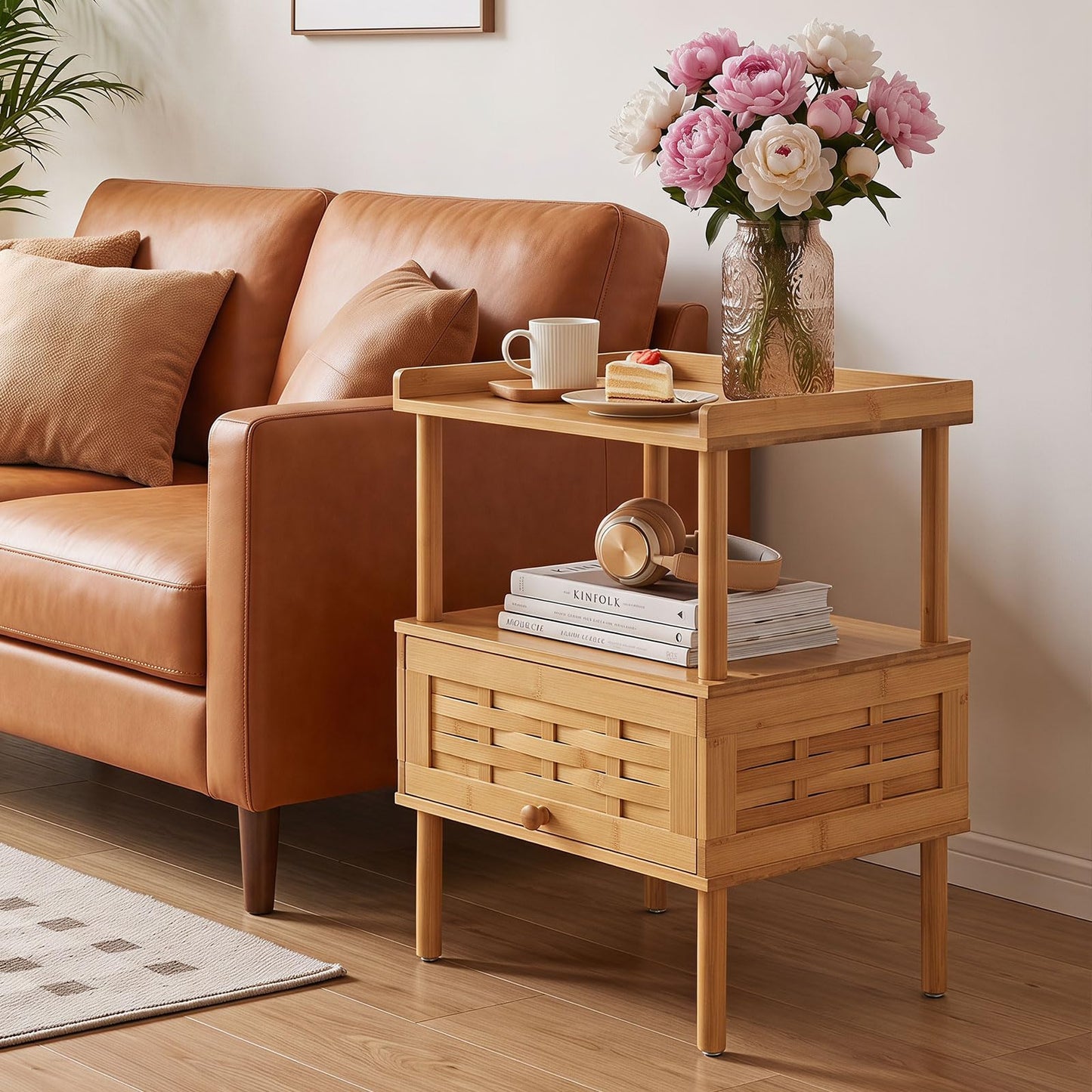 Bamboo Bedside Table, Boho Rattan Nightstand