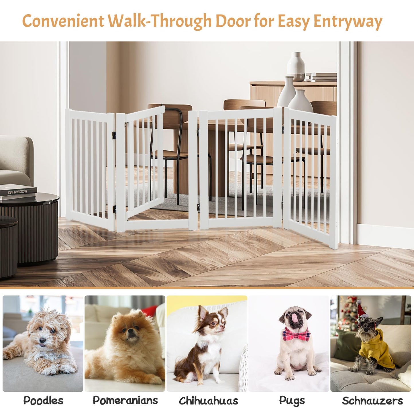 4 Panels Wooden Dog Gate with Door Walk Through