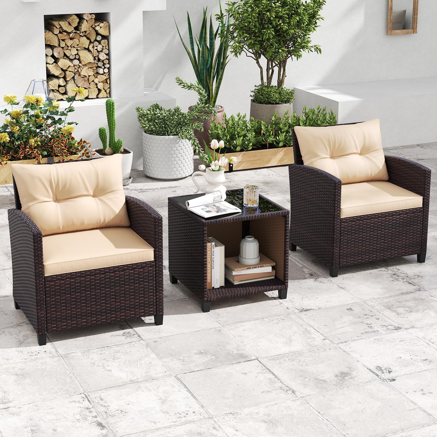 3 Piece Outdoor Patio Furniture Set with Glass Coffee Table and Storage Compartment