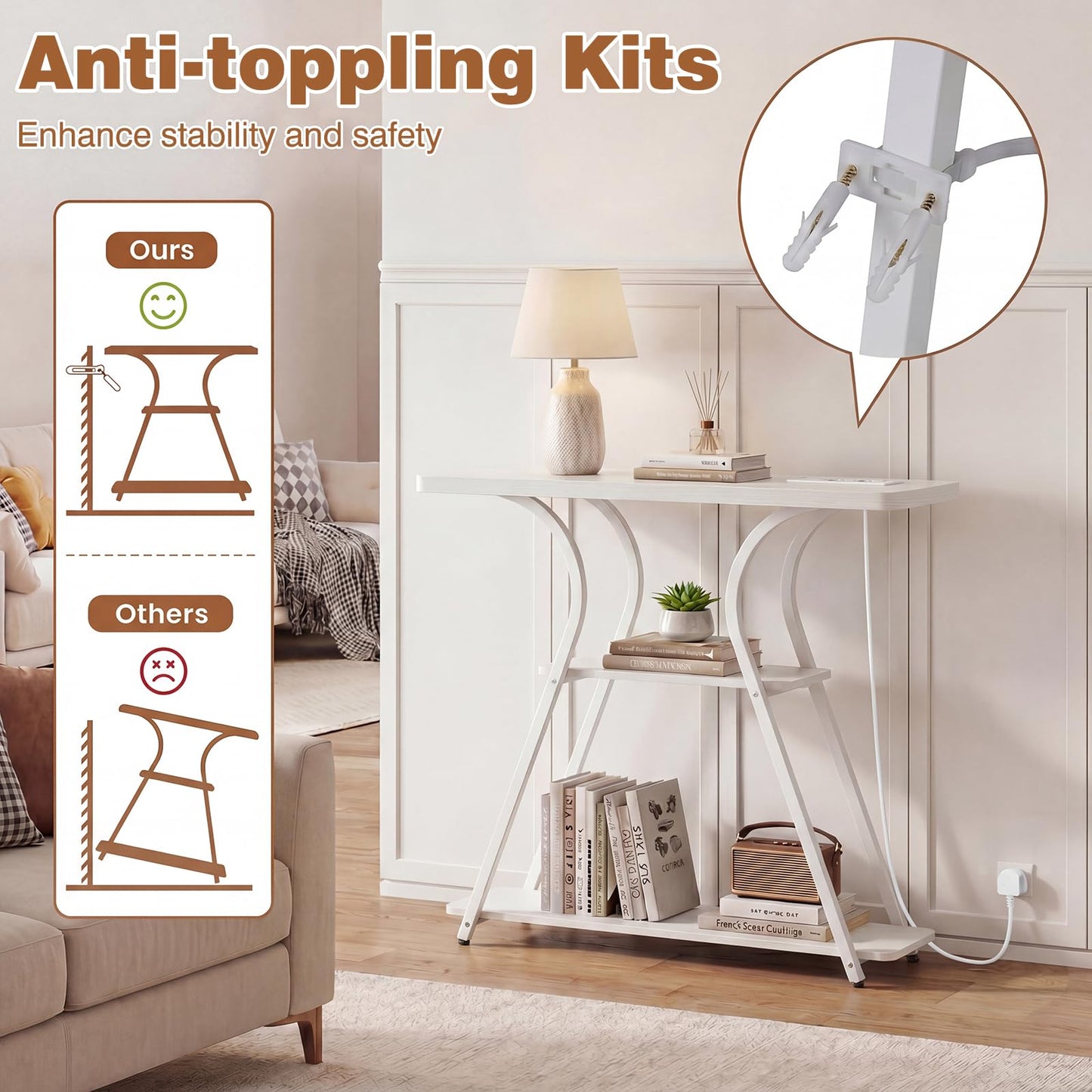 Console Table with LED Light and Power Outlet, 3-Tier Narrow Entryway Table