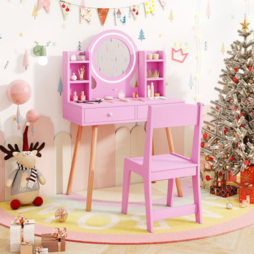 Kids Princess Vanity Desk Set with 2 Color LED Lighted Acrylic Mirror