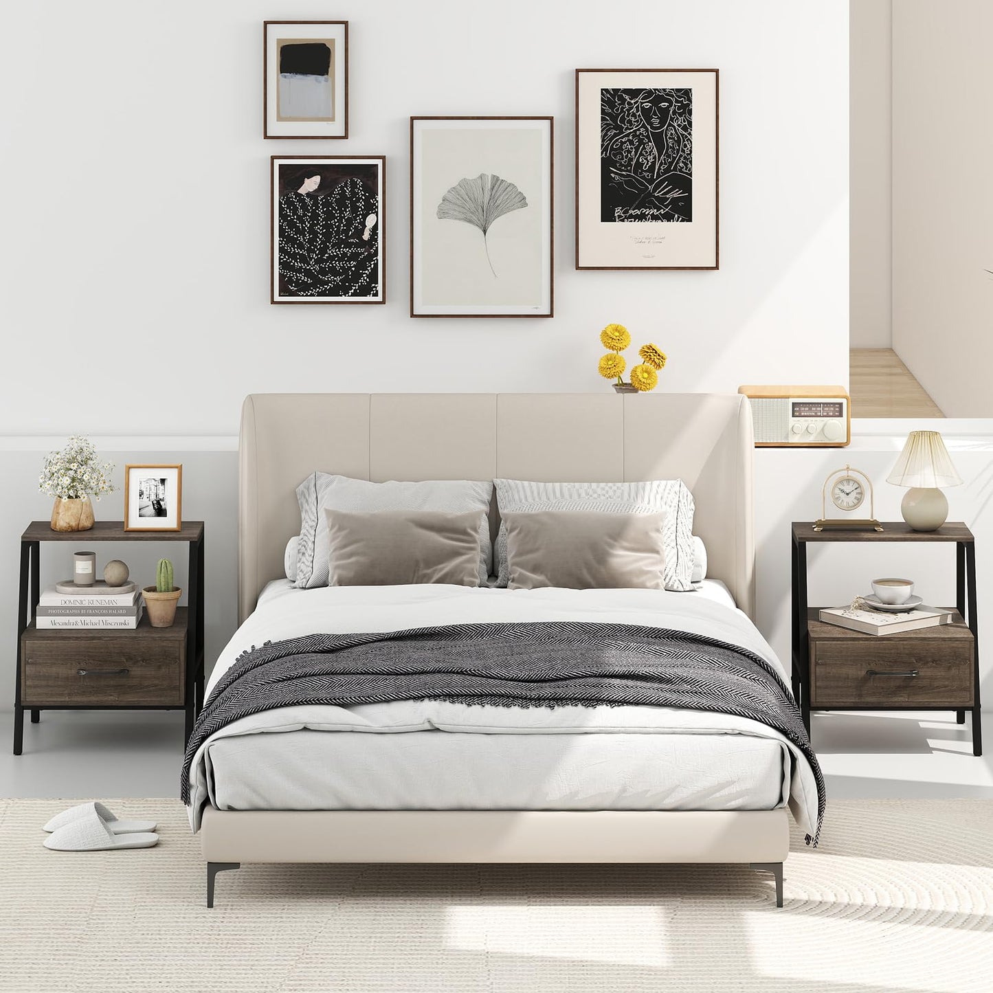 Farmhouse Nightstand End Sofa Side Table with Drawer and Storage Shelf