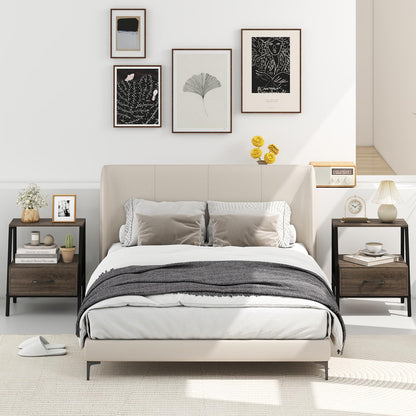 Farmhouse Nightstand End Sofa Side Table with Drawer and Storage Shelf