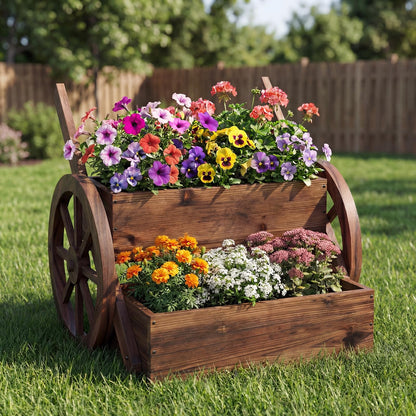 Wood Wagon Planter Box, 2-Tier Rustic Raised Garden Bed with Drainage Holes