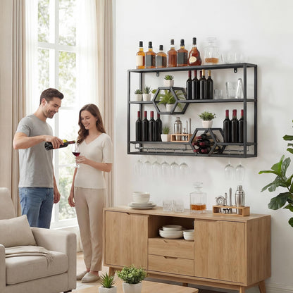 Wall Mounted Wine Rack, 3-Tier Hanging Bar Shelves