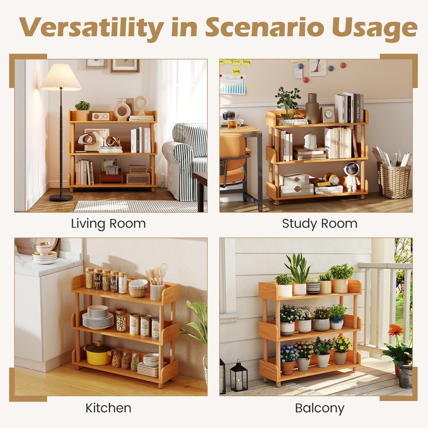 Sturdy Pine Wood, Elevated Guardrails, Free Standing Open Shelving Unit Plant Stand