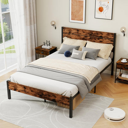 4FT6 Industrial Metal Platform Bed Frame with Wood Headboard & Underbed Storage