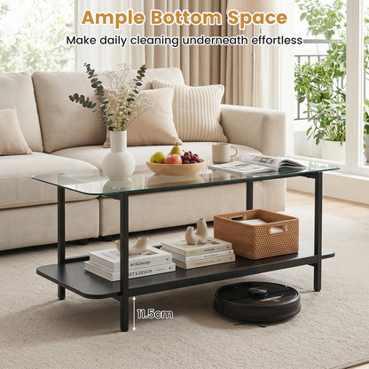 2-Tier Coffee Table, Tempered Glass Center Table with Storage Shelf