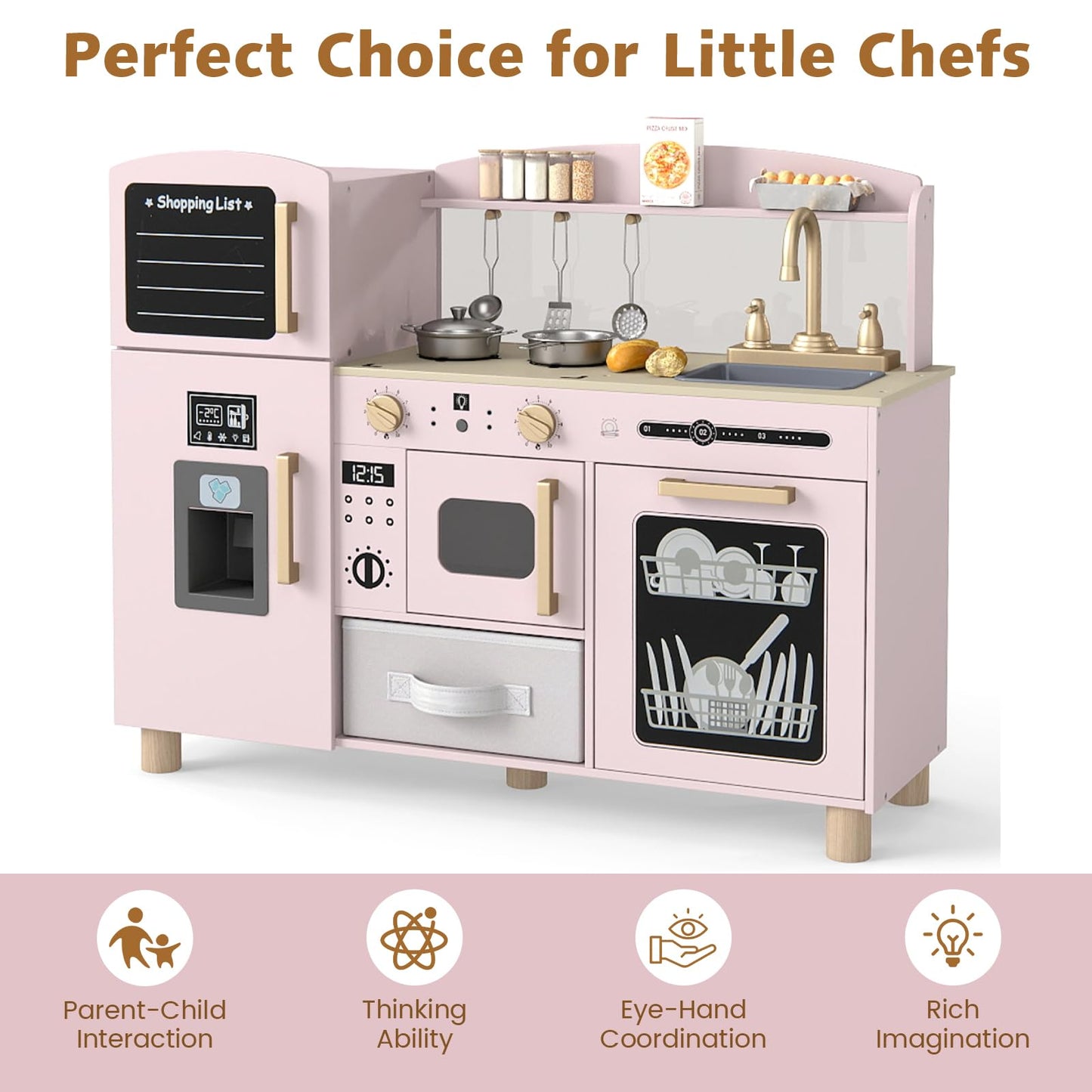 Wooden Kids Play Kitchen with Ice Maker and Fabric Drawer