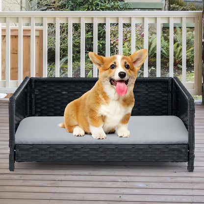 Handwoven Wicker Pet Bed Sofa Couch with Metal Frame and Cushion