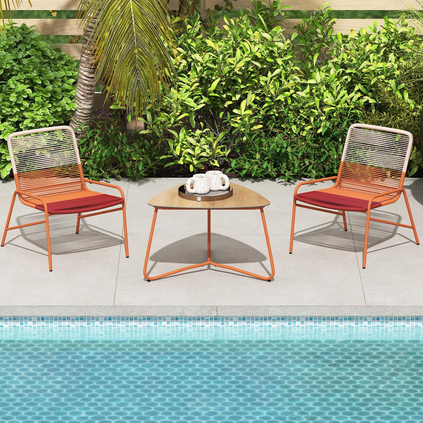 Outdoor Rattan Furniture Set with 2 Gradient Chairs and Wood-Plastic Side Table