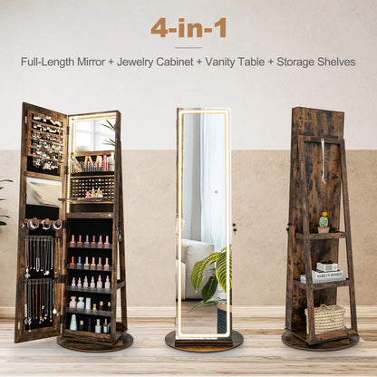 360° Swivel Jewelry Cabinet with LED Lights, Foldable Shelf