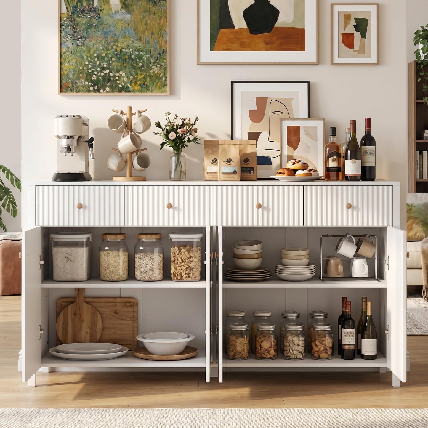 4-Door Kitchen Sideboard, 160cm Wide Buffet Storage Cabinet with 4 Drawers