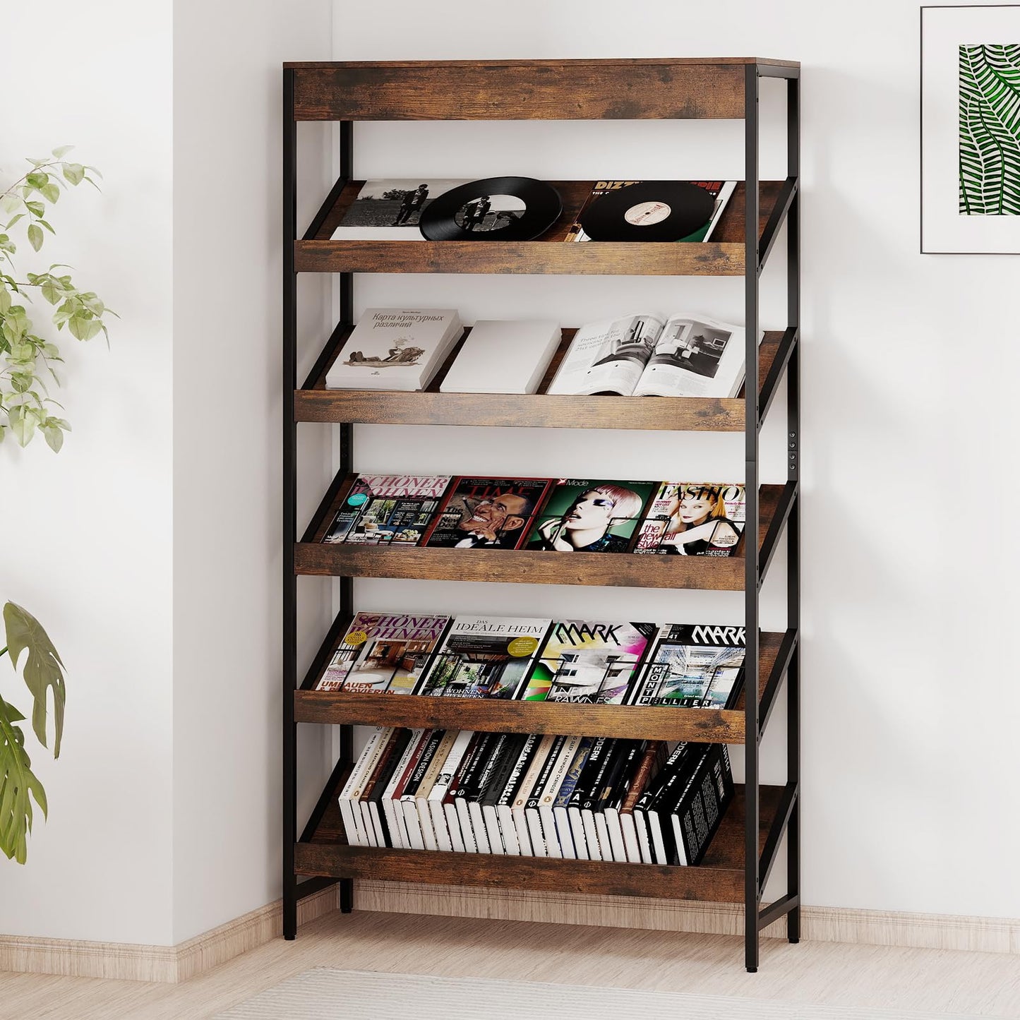 6 Tier Bookshelf, 161 cm Tall Freestanding Slant Display Shelf