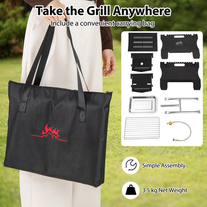 Giantex 2-in-1 Camping BBQ Grill Portable Dual Fuel Butane Gas Fire Pit with Stainless Steel Grate and Carrying Bag
