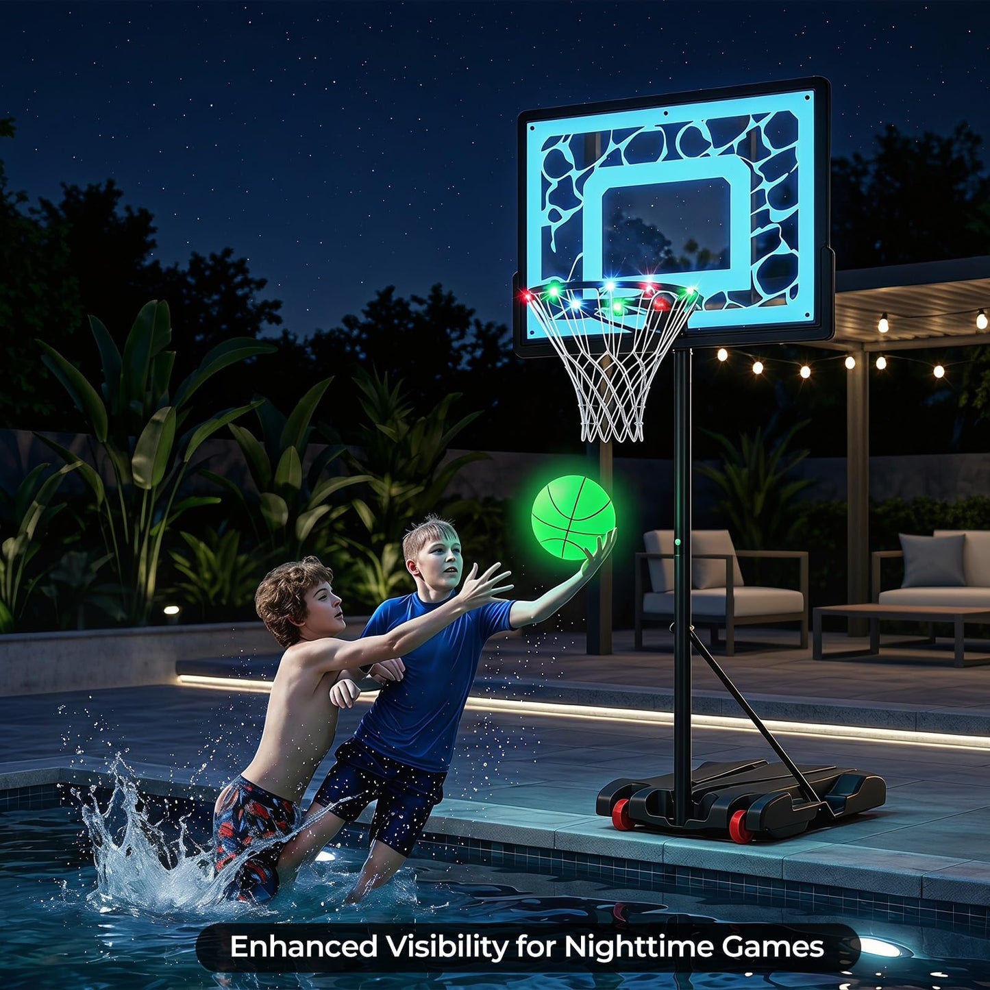 Pool Basketball Hoop with LED 8-Height Adjustable Swimming Pool Basketball
