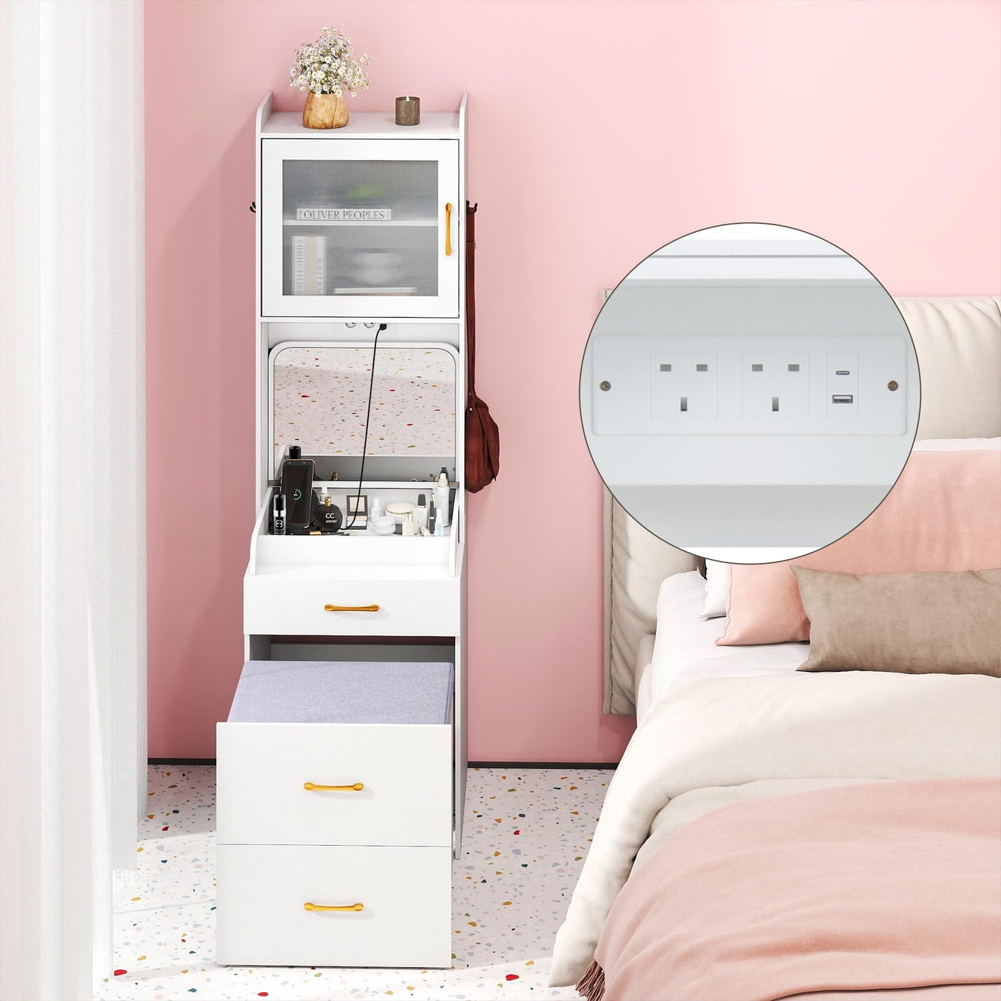 Small Dressing Table with Flip Up Mirror and Cushioned Storage Stool