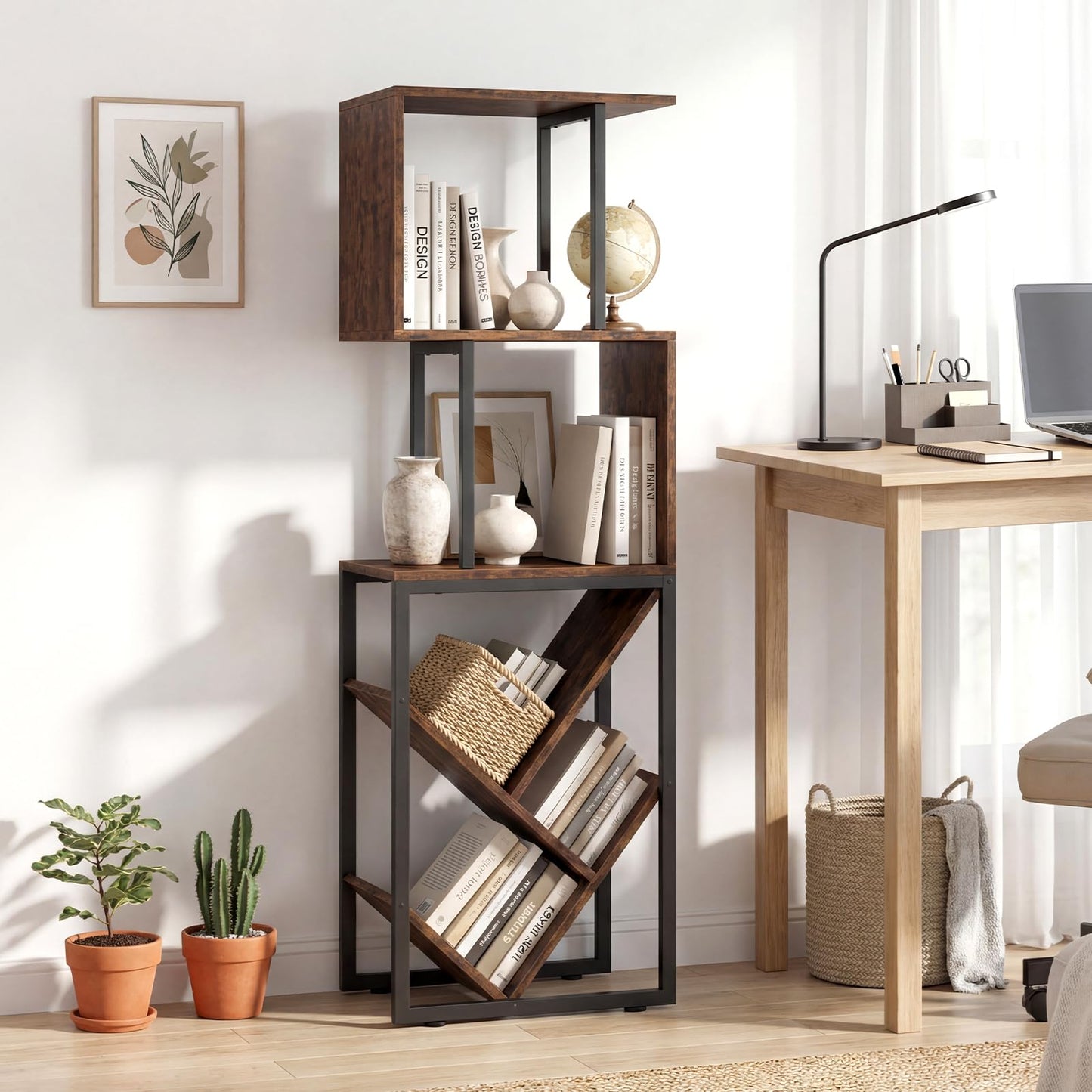 6-Tier Bookshelf, Industrial S-Shaped Geometric Bookcase