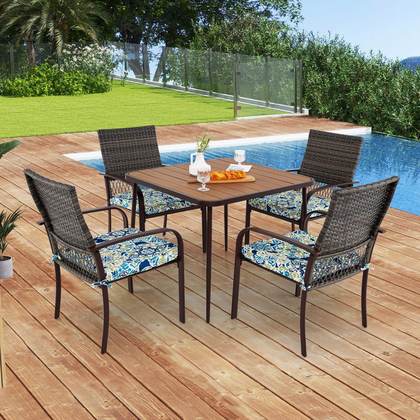 Square Garden Table with 4 Rattan Armchairs