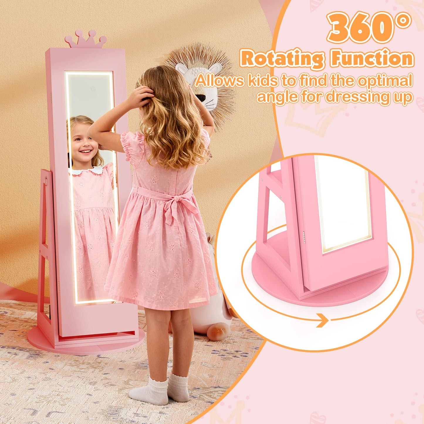 3 In 1 Kids Jewelry Cabinet 360° Swivel Jewelry Armoire with Mirror