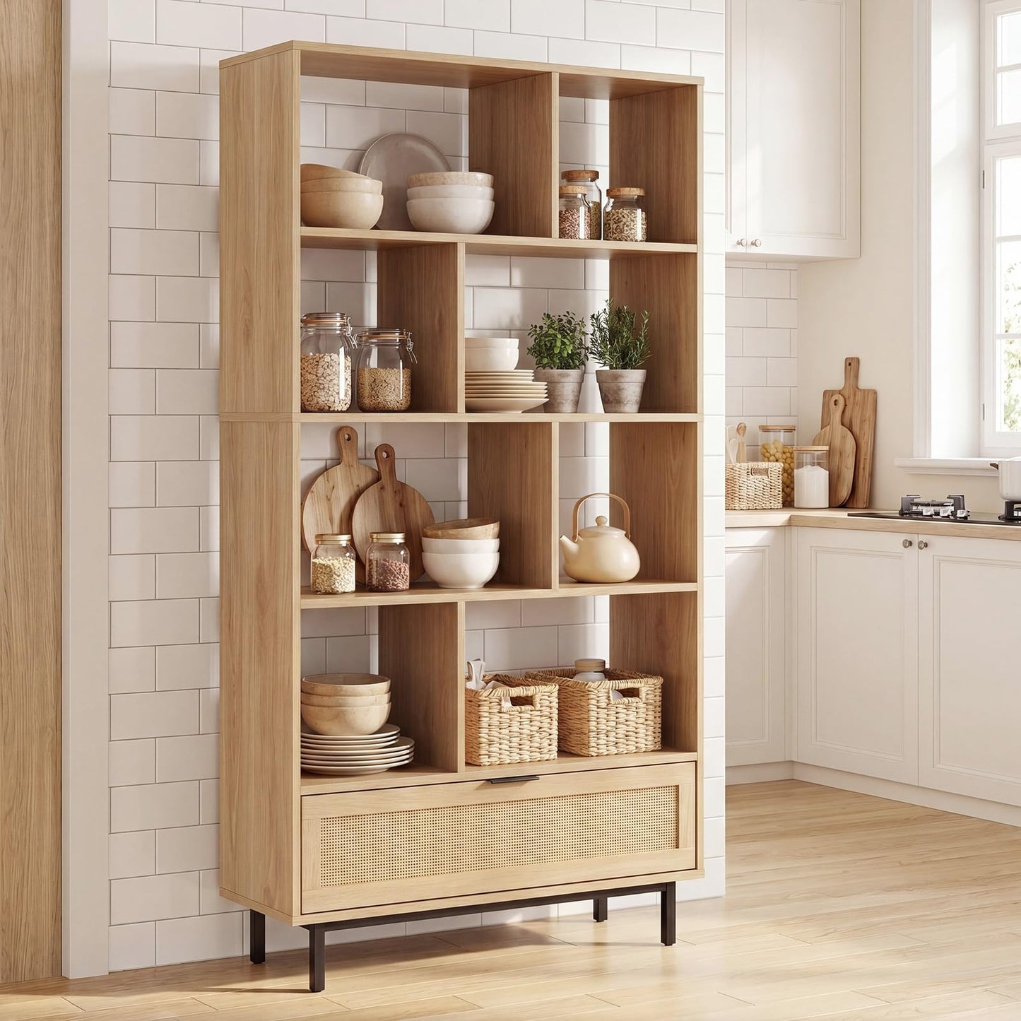 162 cm Tall Wooden Bookcase, 6-Tier Geometric Bookshelf with Drawer