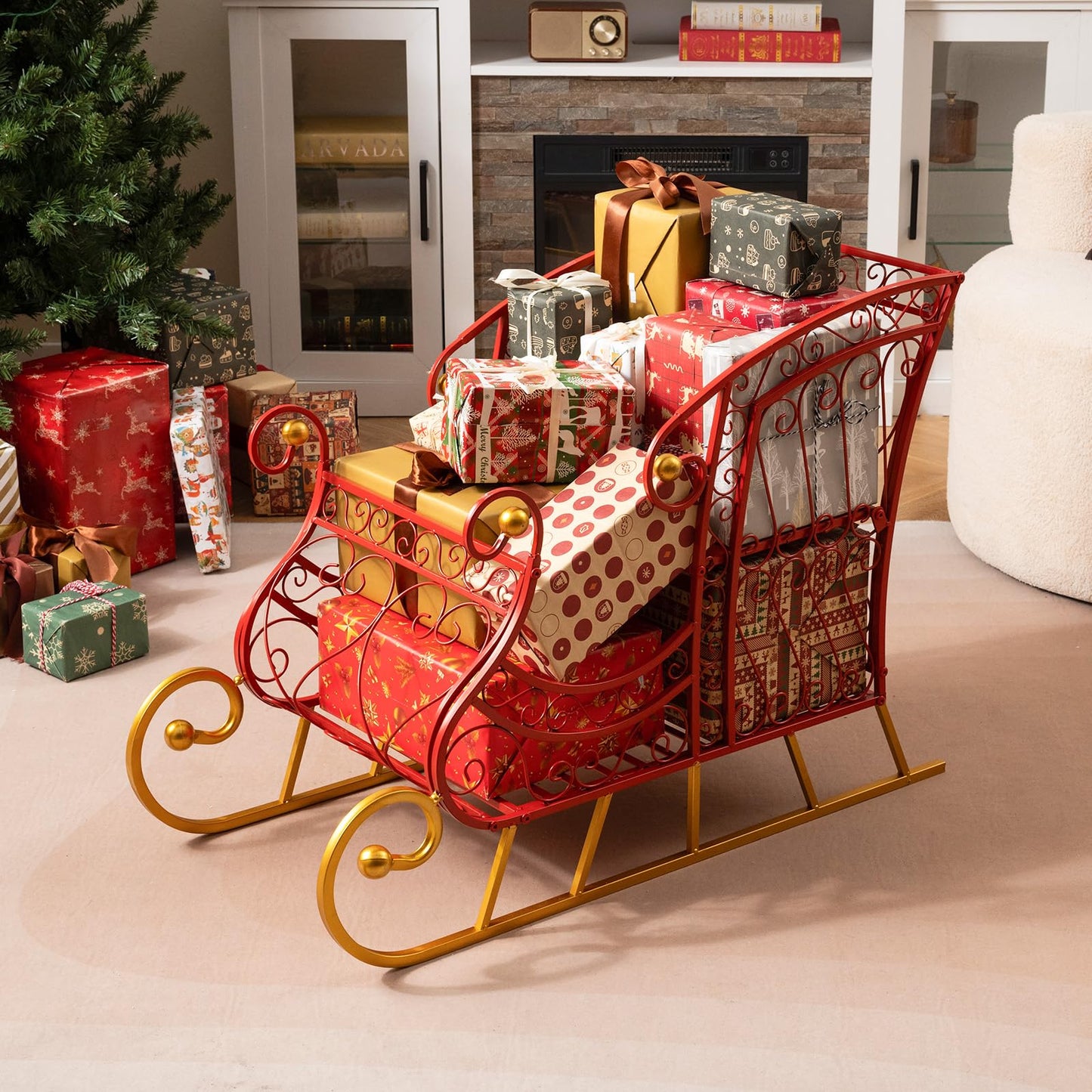 Metal Christmas Santa Sleigh Basket 2-Tier Xmas Santa’s Gift Storage Sleigh