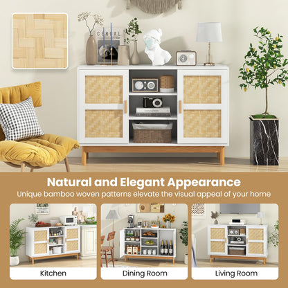 120 CM Sideboard Buffet Cabinet with 2 Bamboo Woven Doors and 3 Open Shelves