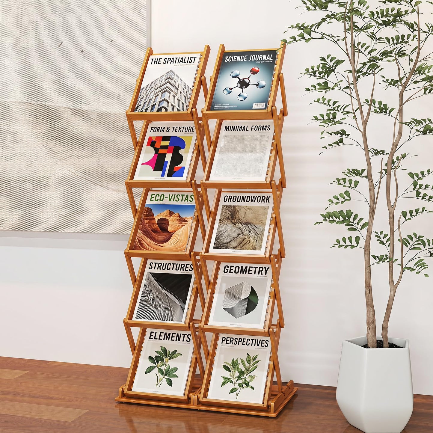 5 Tier Foldable Bamboo Magazine Rack with 2 Adjustable Positions