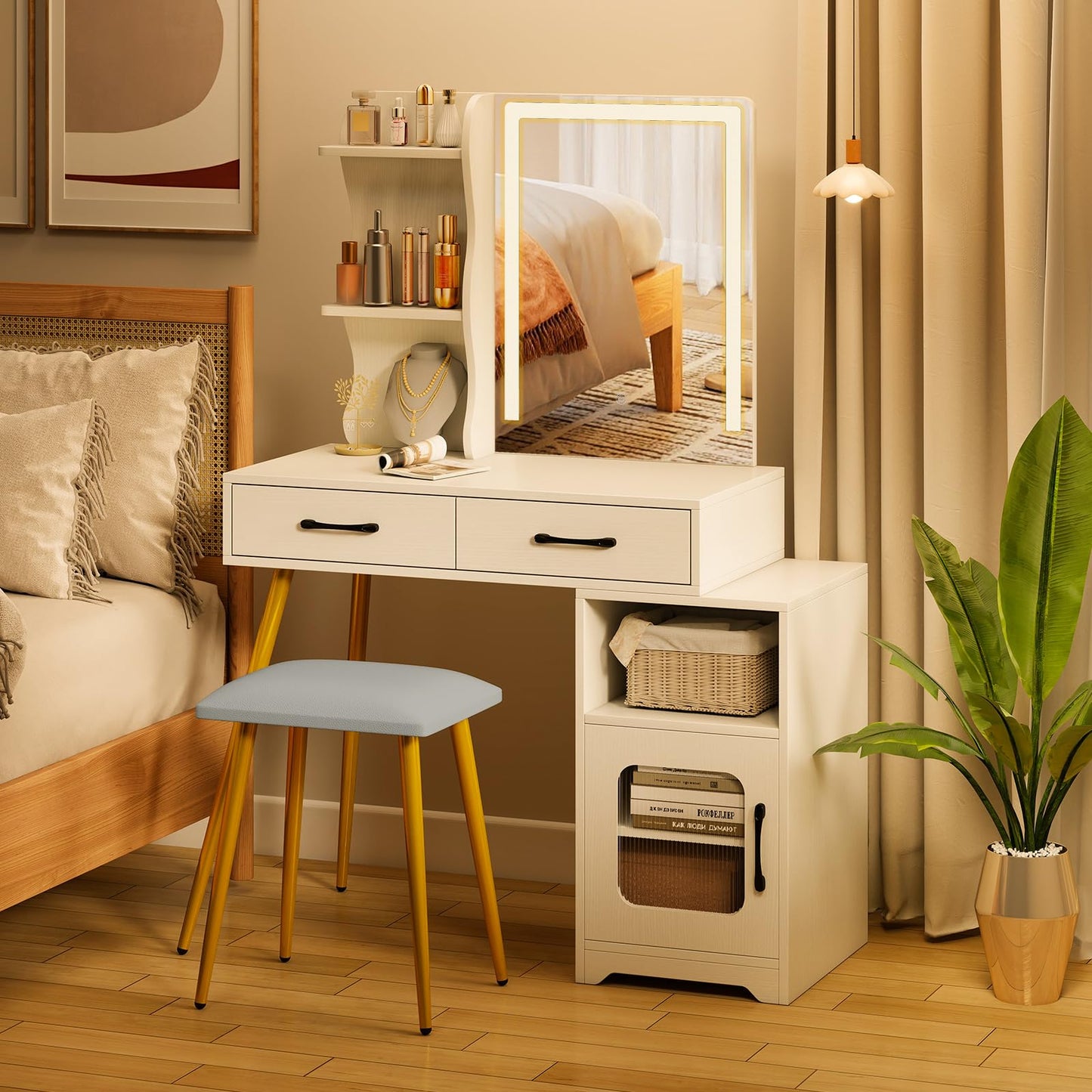 Dressing Table with LED Mirror and Stool, Makeup Table Vanity Desk Set