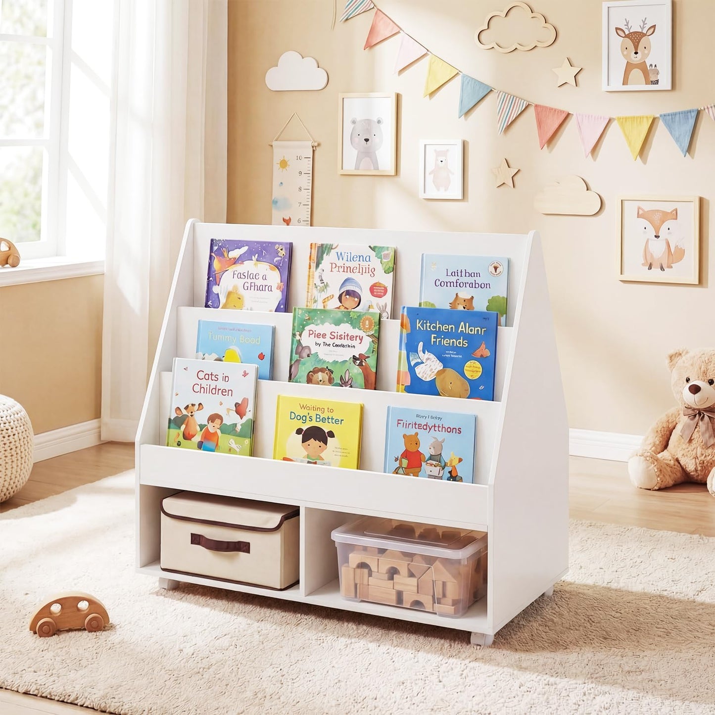 Double-Sided Kids Bookshelf Toddler Book Shelf on Wheels with Chalkboard