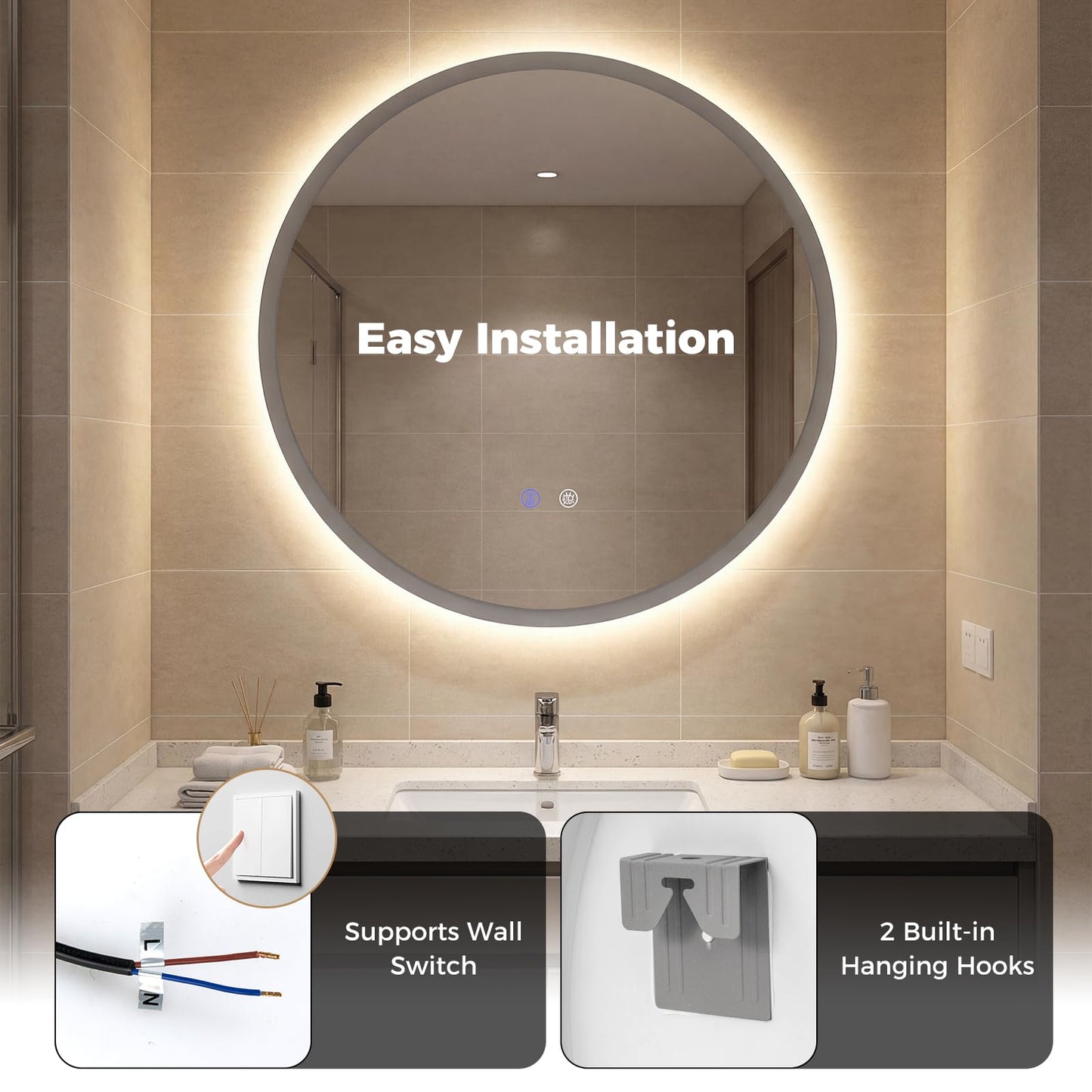 600mm/700mm Round Bathroom Mirror with LED Lights, Illuminated Backlit Wall Mounted Vanity Mirror with 3 Colors
