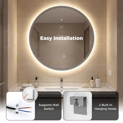 600mm/700mm Round Bathroom Mirror with LED Lights, Illuminated Backlit Wall Mounted Vanity Mirror with 3 Colors
