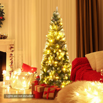 Snow-Flocked Pencil Hinged Artificial Christmas Tree with Pine Cones