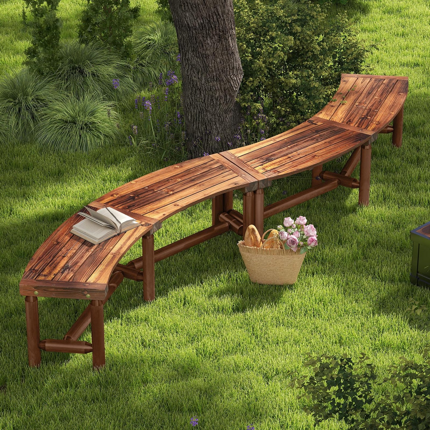 2-3 People Garden Bench, Wooden Curved Fire Pit Bench, Outdoor Loveseat Leisure Porch Seating