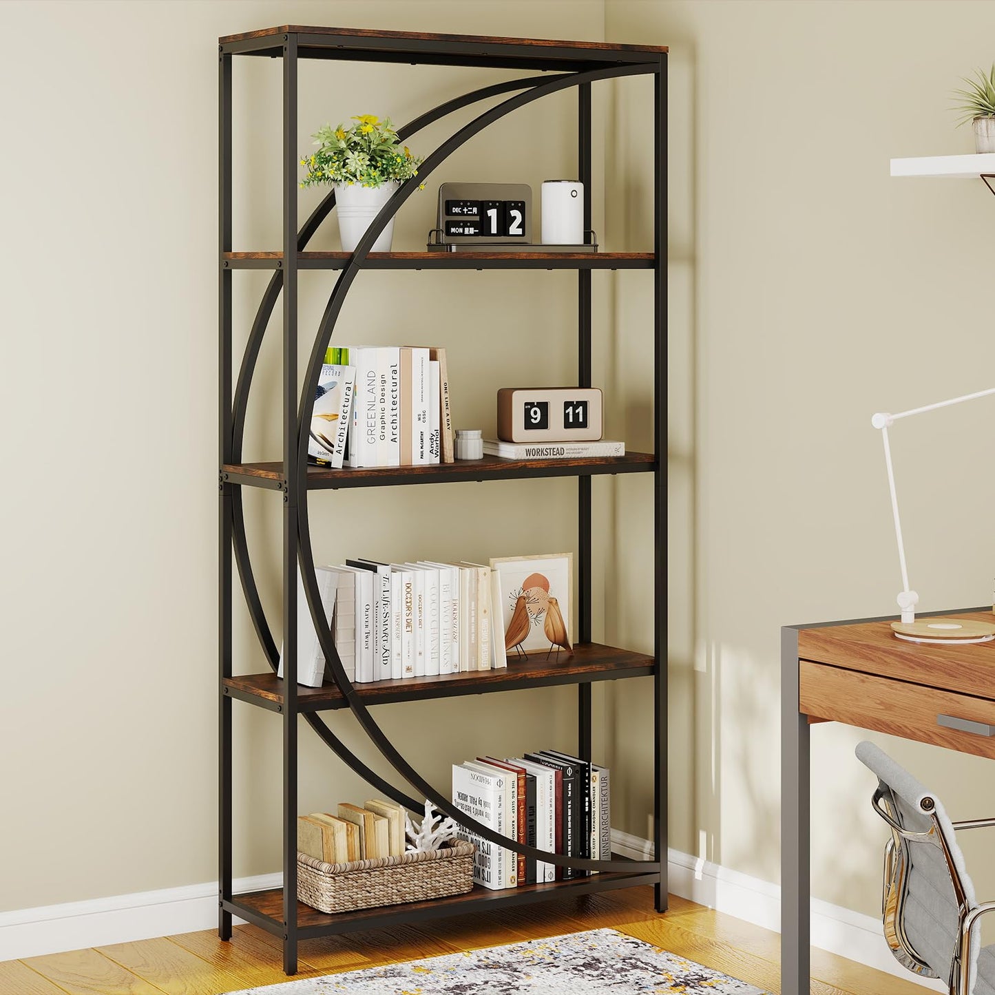5-Tier Industrial Etagere Bookshelf with Open Storage Shelves and Arc-Shaped Design