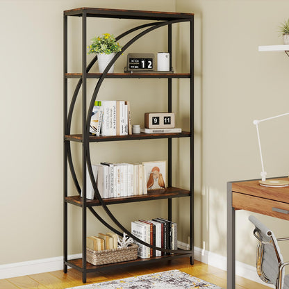 5-Tier Industrial Etagere Bookshelf with Open Storage Shelves and Arc-Shaped Design