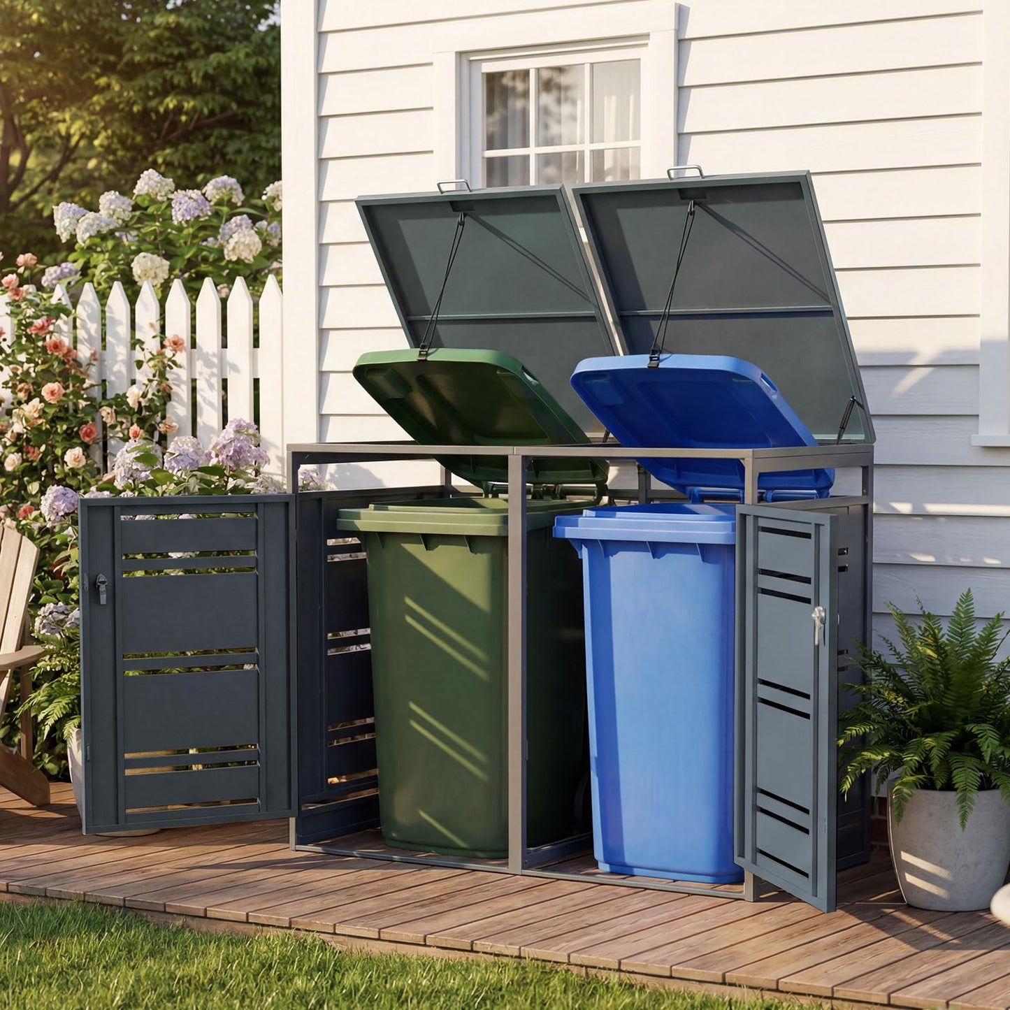 Outdoor Metal Garbage Bin Storage Shed for 2 Trash Cans