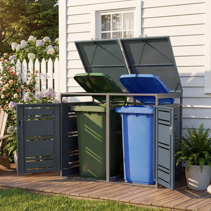 Outdoor Metal Garbage Bin Storage Shed for 2 Trash Cans