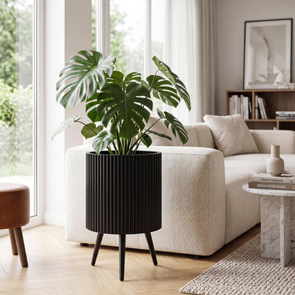 Plant Pot with Stand, 35/42cm Metal Fluted Flower Planter