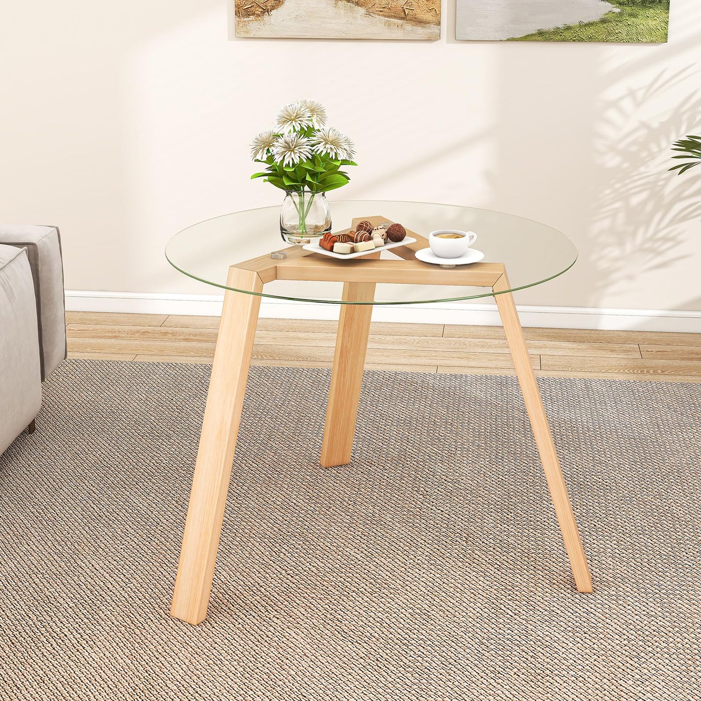 90cm Modern Round Kitchen Tables with Tempered Glass Tabletop and Rubber Wood Base