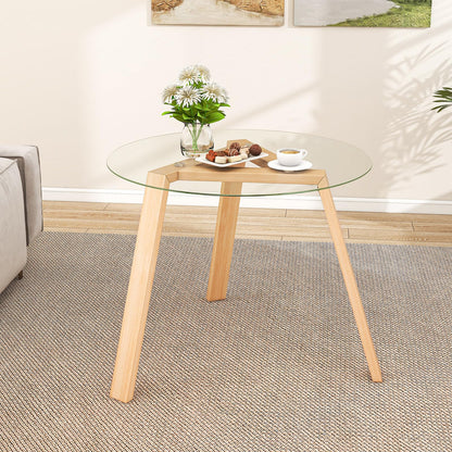 90cm Modern Round Kitchen Tables with Tempered Glass Tabletop and Rubber Wood Base