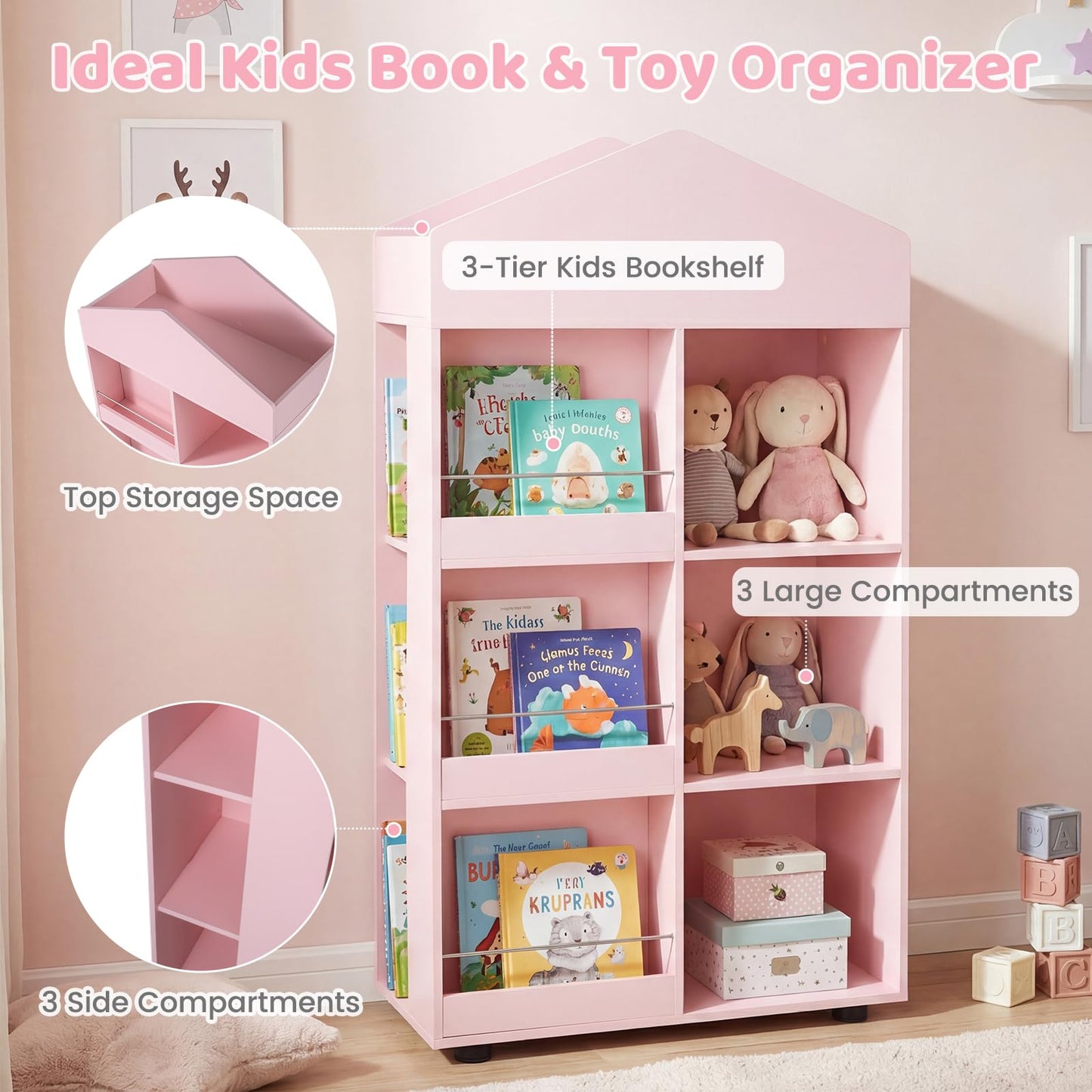Wooden Kids Bookshelf and Toy Storage with Multiple Compartments