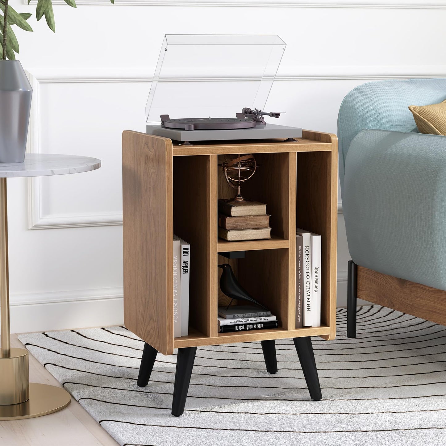 Record Player Stand with 4 Open Shelves Power Outlet USB Charging Port