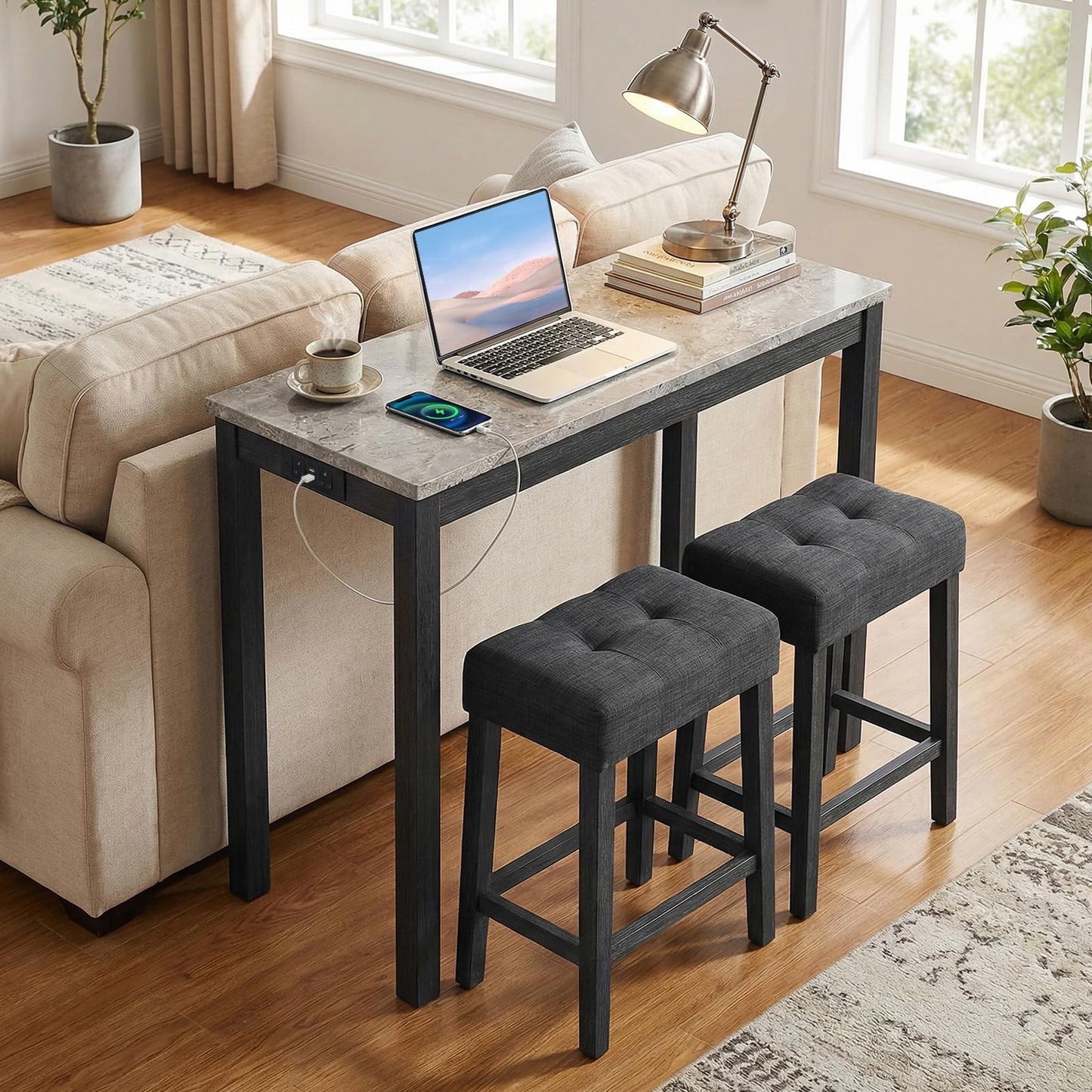 Bar Table Set with 2 Stools, 3 Pieces Breakfast Bar Set with Power Outlets