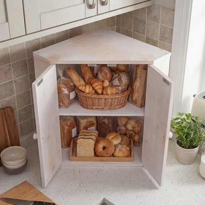 Corner Bread Box for Kitchen Counter, Bamboo Double Layer Breadbox Organizer with Adjustable Shelf